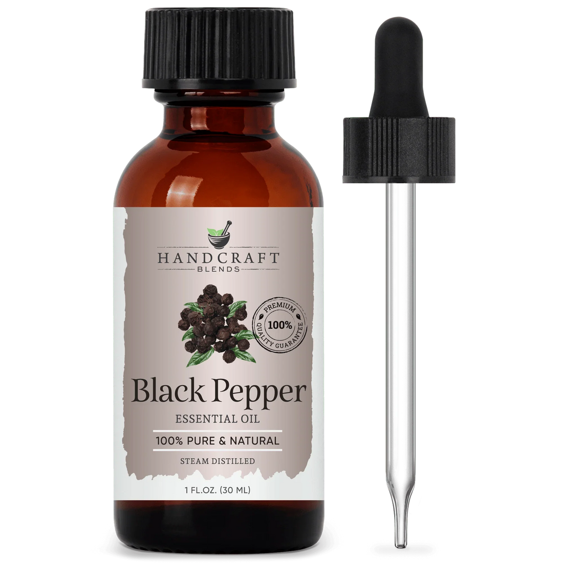Amber bottle of Black Pepper essential oil with dropper, 100% pure and natural, 1 oz size