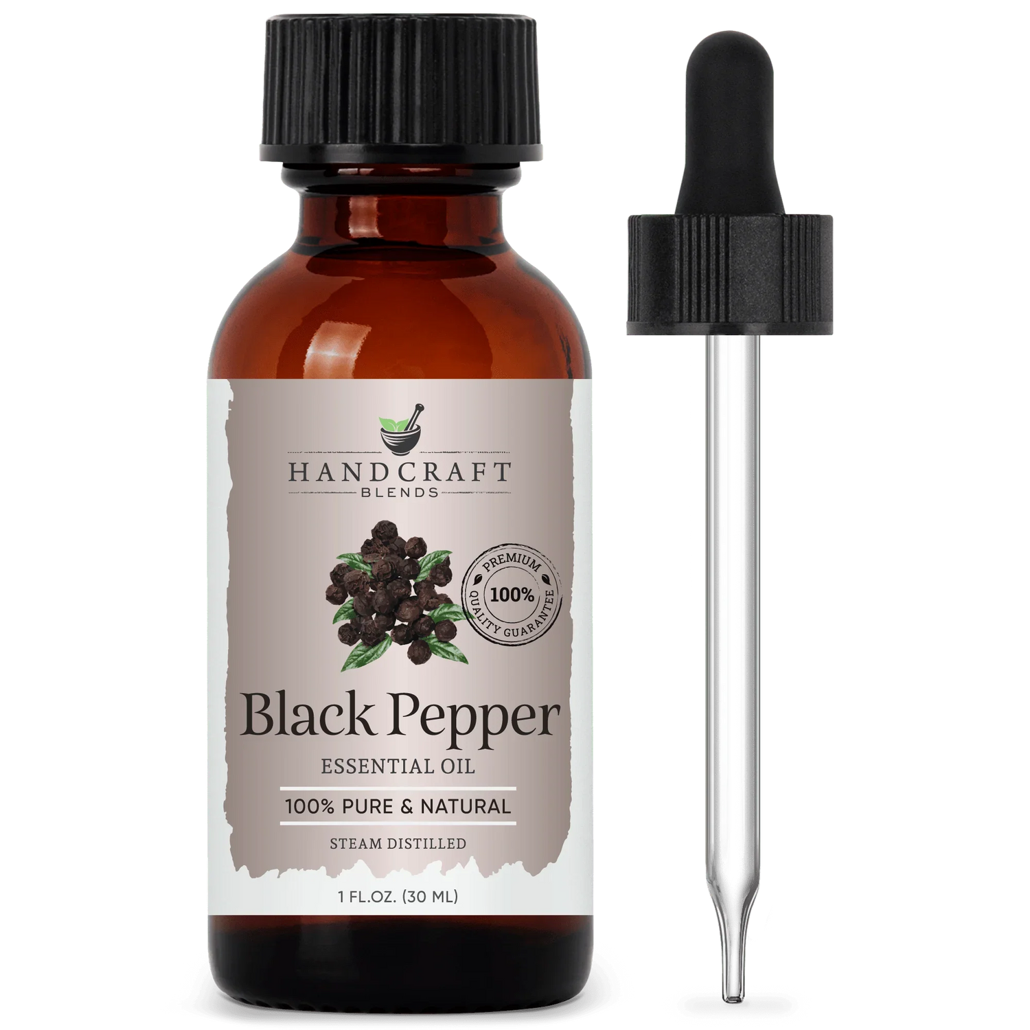 Amber bottle of Black Pepper essential oil with dropper, 100% pure and natural, 1 oz size