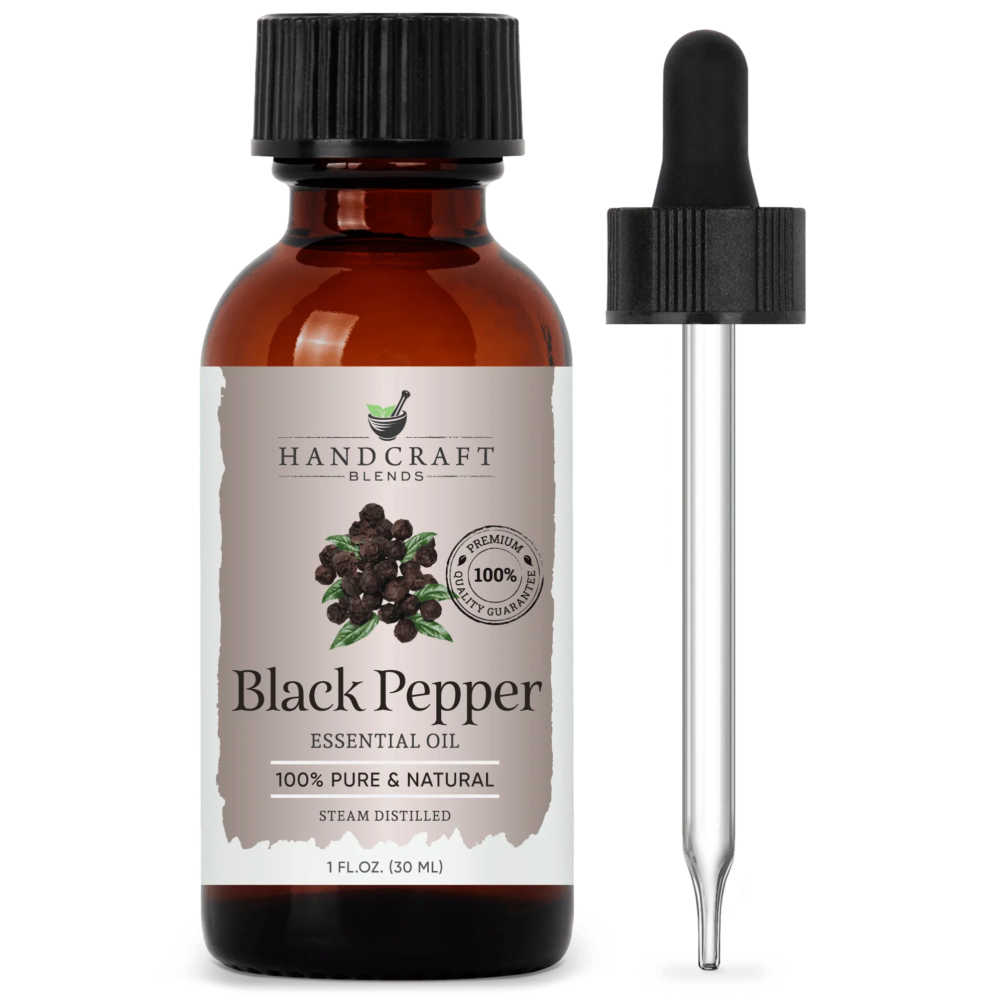 Amber bottle of Black Pepper essential oil with dropper, 100% pure and natural, 1 oz size