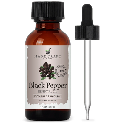 Amber bottle of Black Pepper essential oil with dropper, 100% pure and natural, 1 oz size