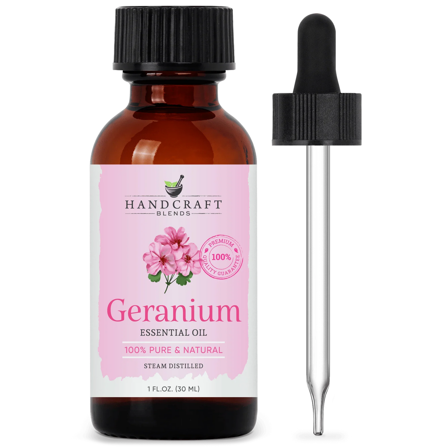 Geranium essential oil 1oz amber bottle with pink label and dropper for aromatherapy