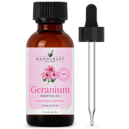 Geranium essential oil 1oz amber bottle with pink label and dropper for aromatherapy
