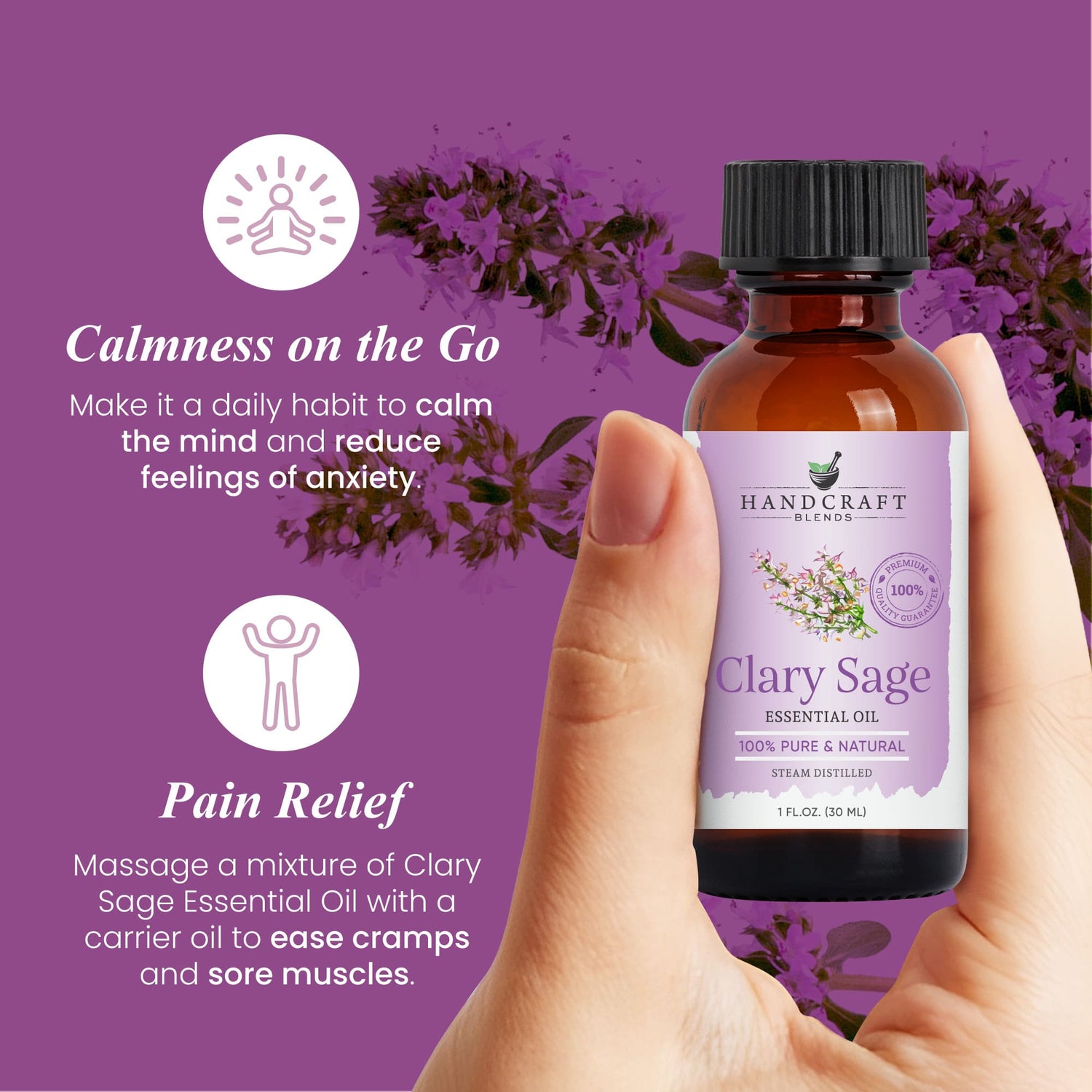 Clary Sage essential oil bottle held in hand with text highlighting calming and pain relief benefits, purple floral background.