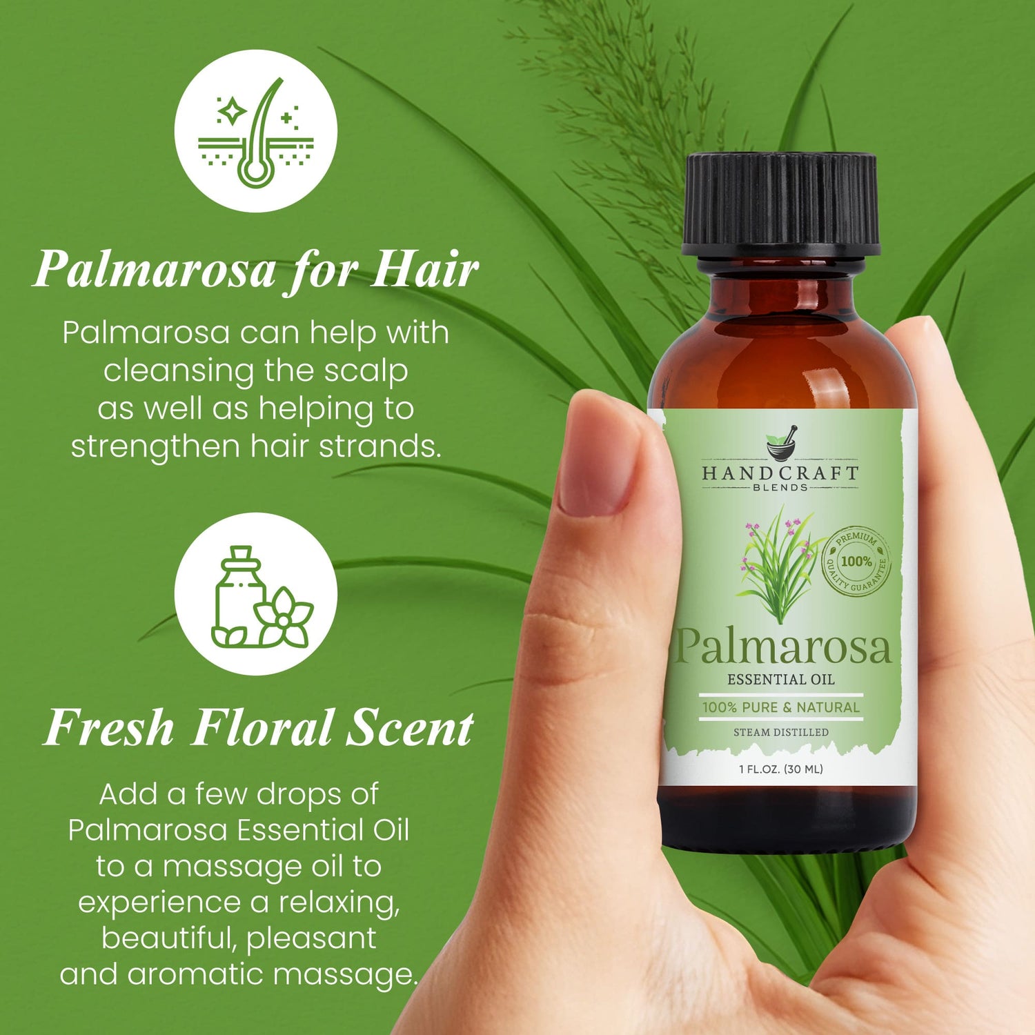 Hand holding Palmarosa essential oil bottle with text about hair and floral scent benefits, green background.