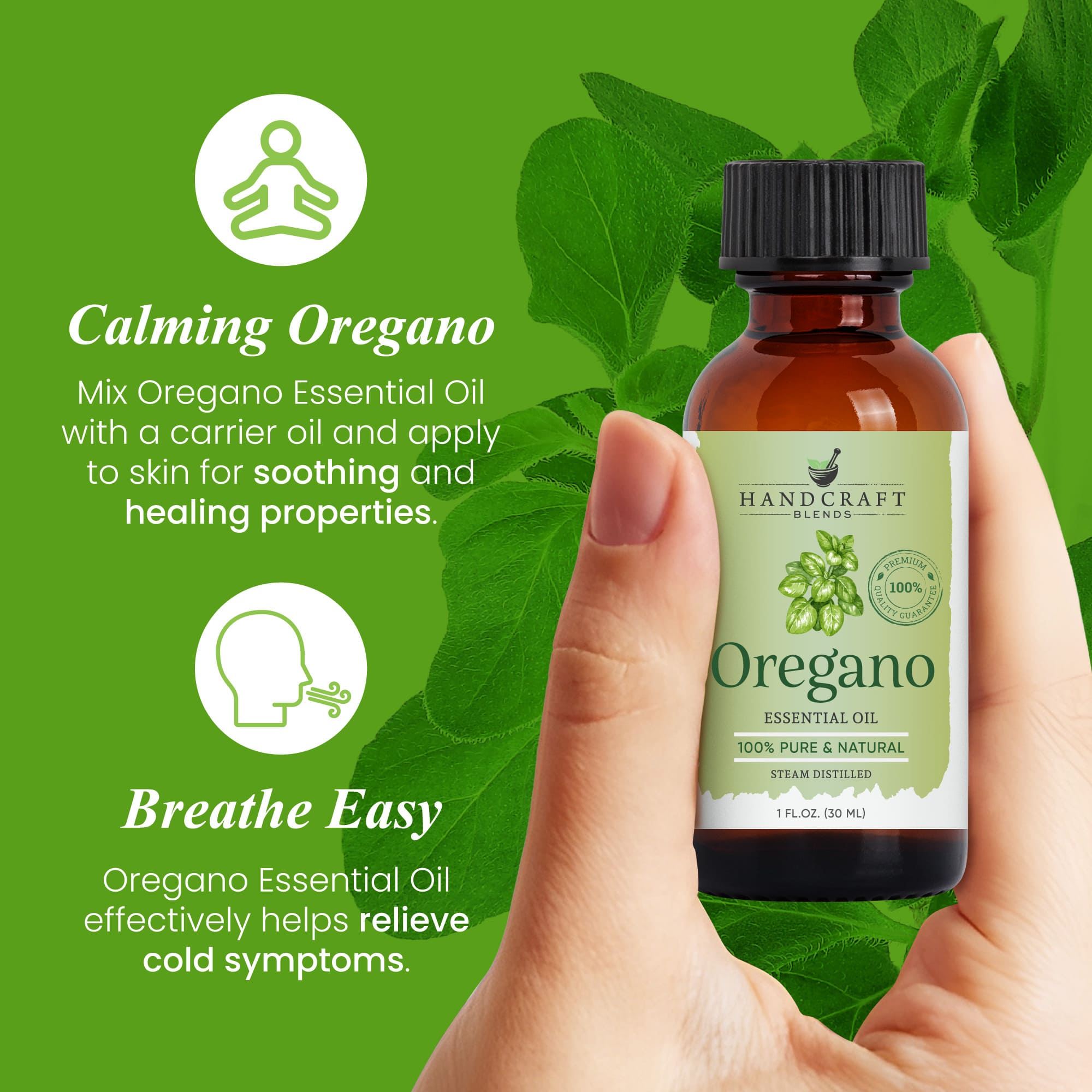 Hand holding a brown bottle of Oregano essential oil with green label, oregano leaves background, text highlighting soothing and healing properties.