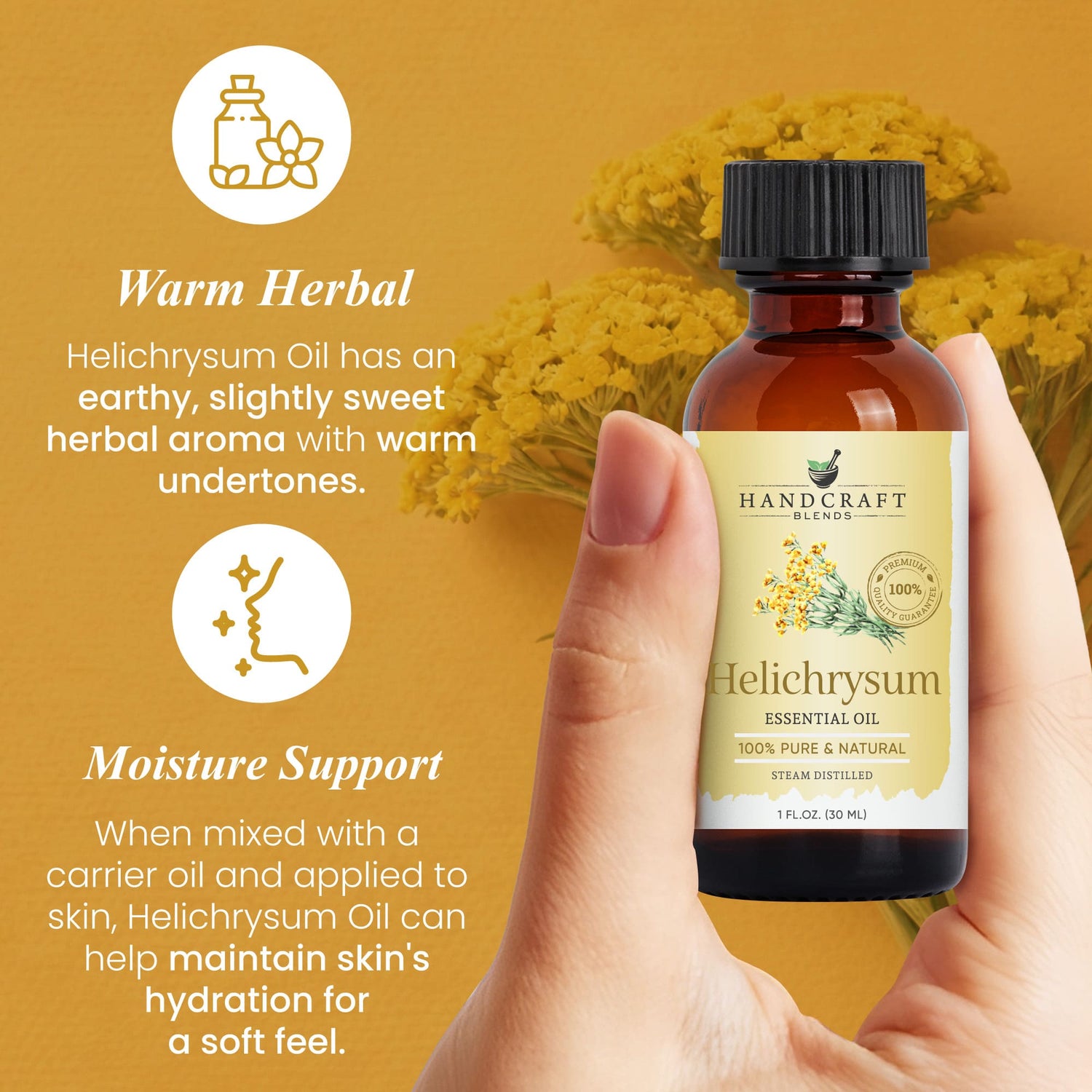Hand holding a Helichrysum essential oil bottle with yellow flowers and benefit highlights.