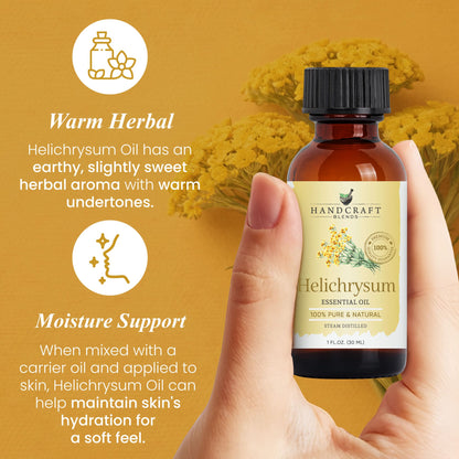 Hand holding a Helichrysum essential oil bottle with yellow flowers and benefit highlights.
