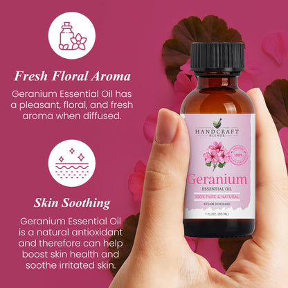 Hand holding Geranium essential oil bottle, pink floral background, skin soothing benefits highlighted
