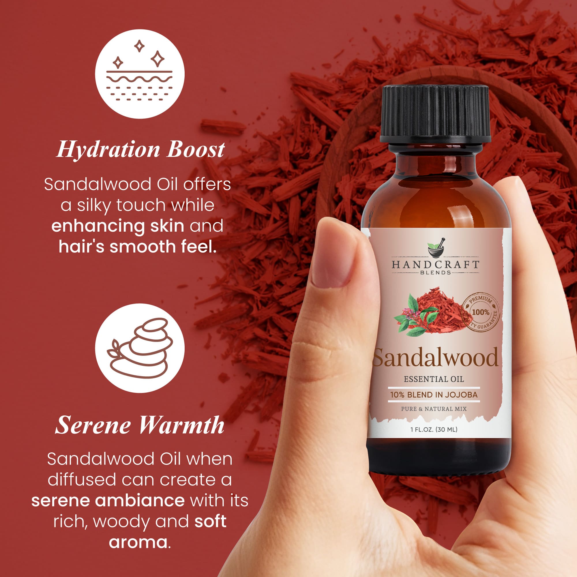 Hand holding a Sandalwood essential oil bottle with sandalwood pieces and benefits text on a red background