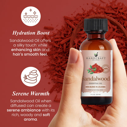 Hand holding a Sandalwood essential oil bottle with sandalwood pieces and benefits text on a red background