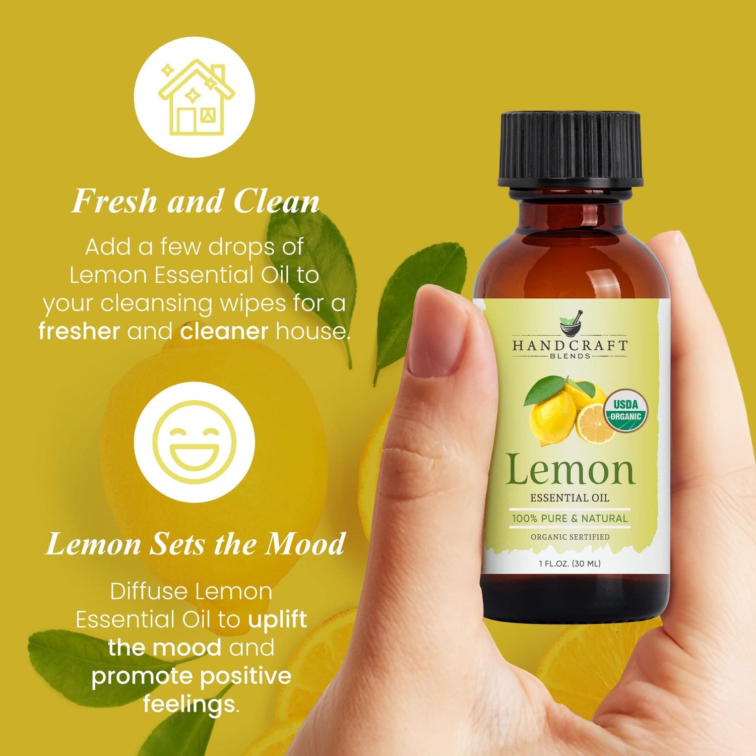 Hand holding 1oz bottle of lemon essential oil with fresh lemons and benefits text on yellow background.