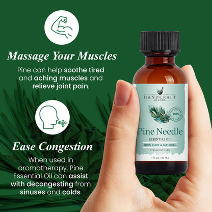 Hand holding a 1 oz pine needle essential oil bottle with benefits for muscles and congestion on green background.