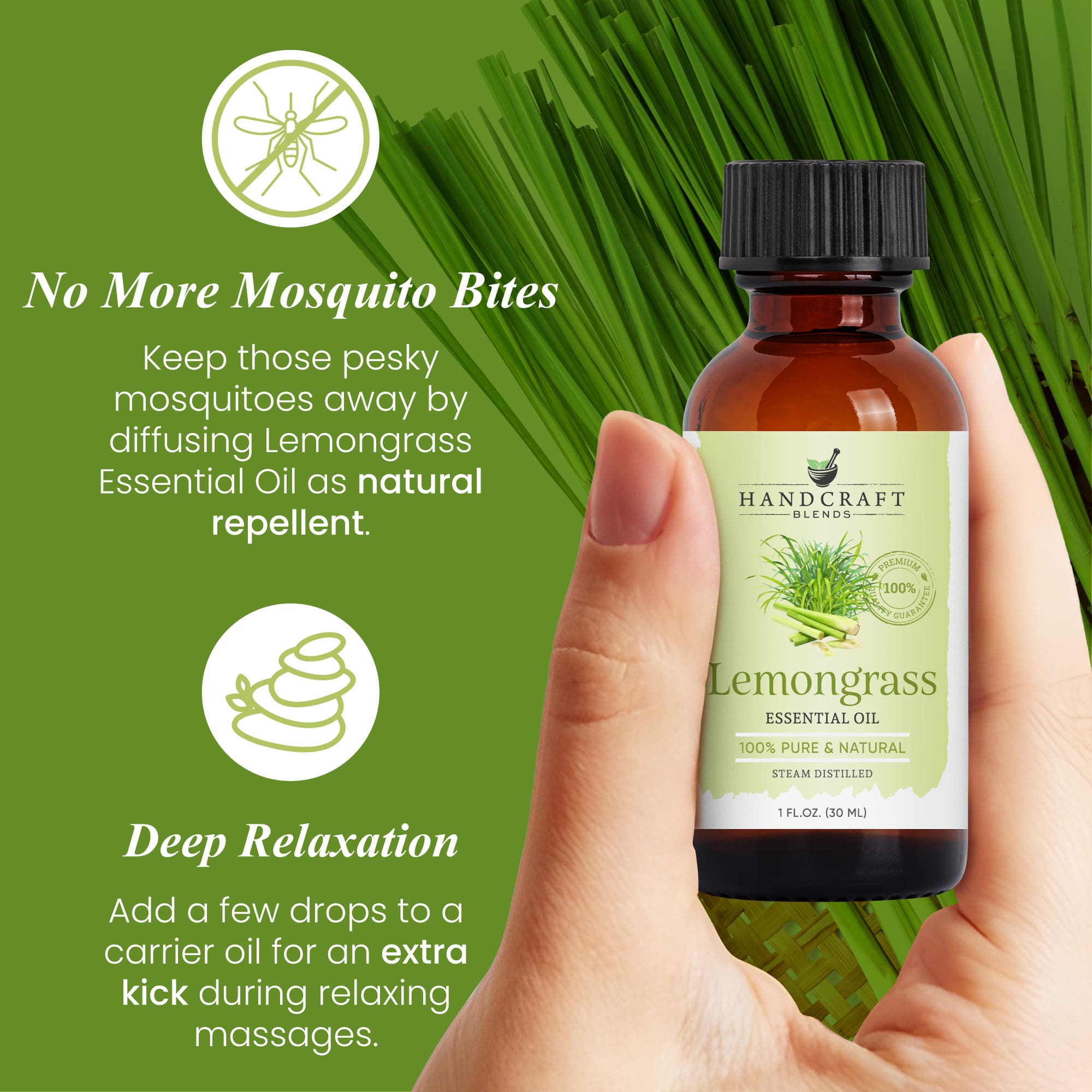 Hand holding lemongrass essential oil bottle, grass background, mosquito repellent benefits highlighted.