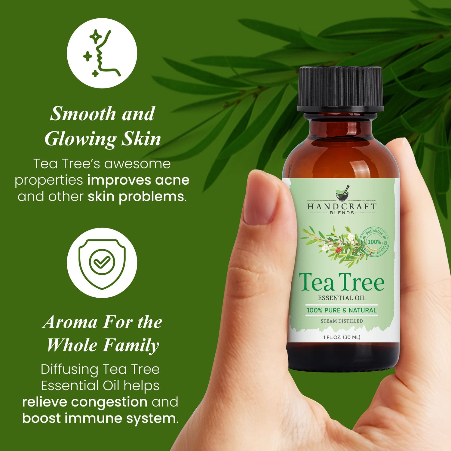 Hand holding a 1 oz tea tree essential oil bottle with benefits for skin and aromatherapy displayed.