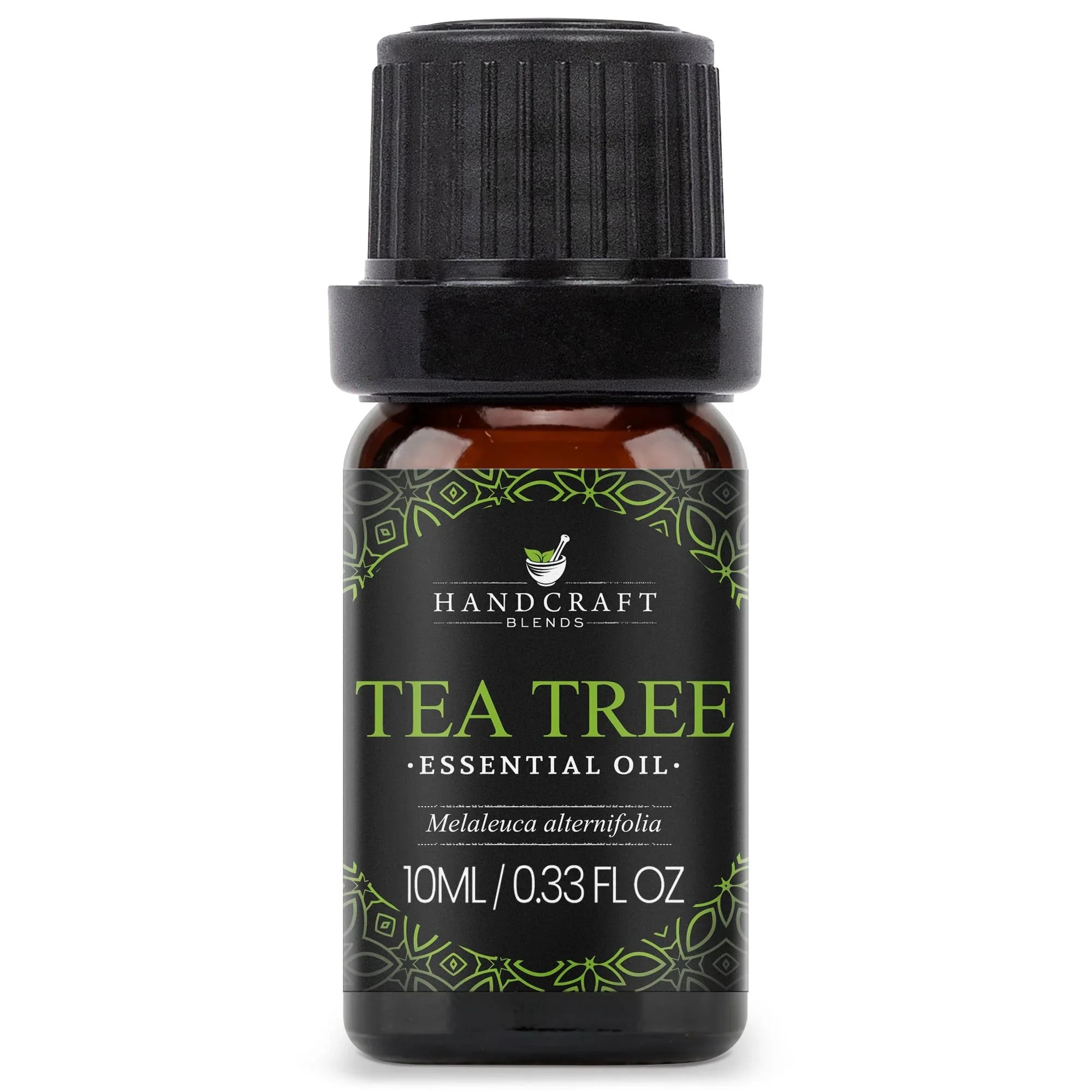 10ml tea tree essential oil bottle, dark glass, black label, green botanical design