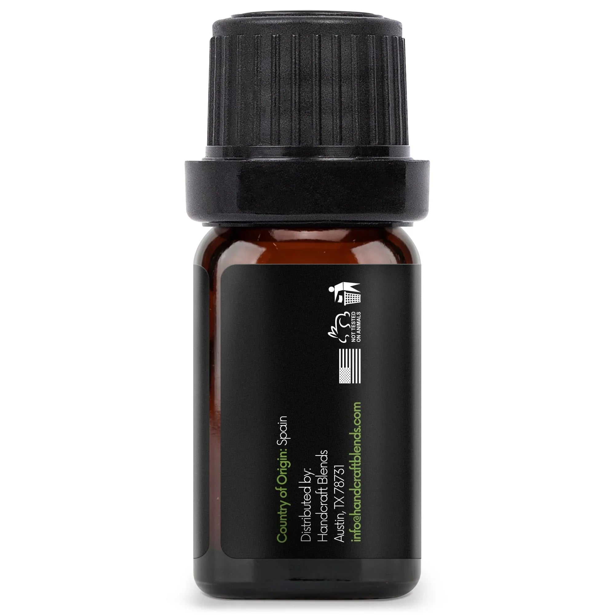 Amber glass essential oil bottle with black label and cap for aromatherapy blends