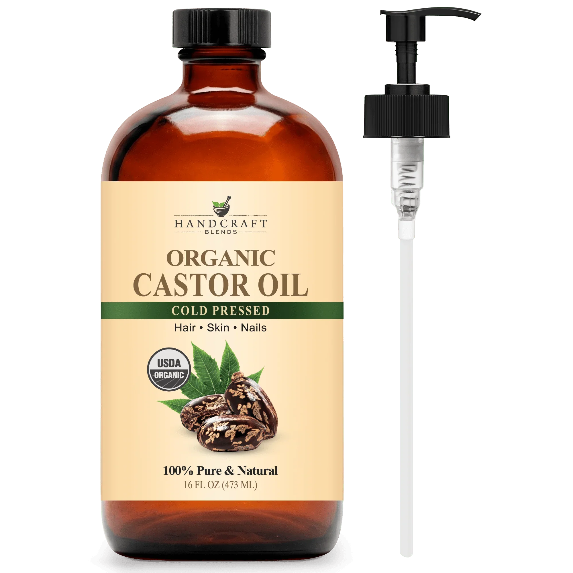 16 oz amber glass bottle of organic castor oil with pump, cold pressed for hair, skin, nails