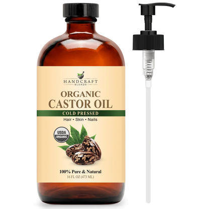 16 oz amber glass bottle of organic castor oil with pump, cold pressed for hair, skin, nails