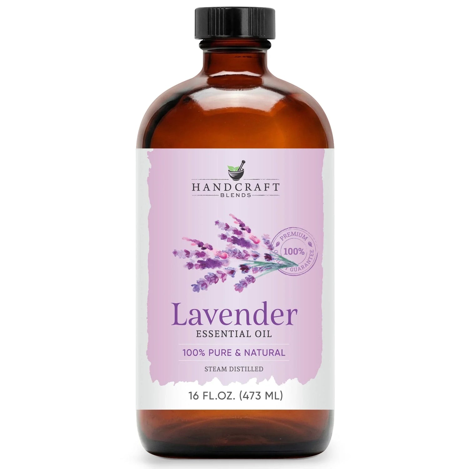 16 oz amber glass bottle of lavender essential oil with floral label and black cap