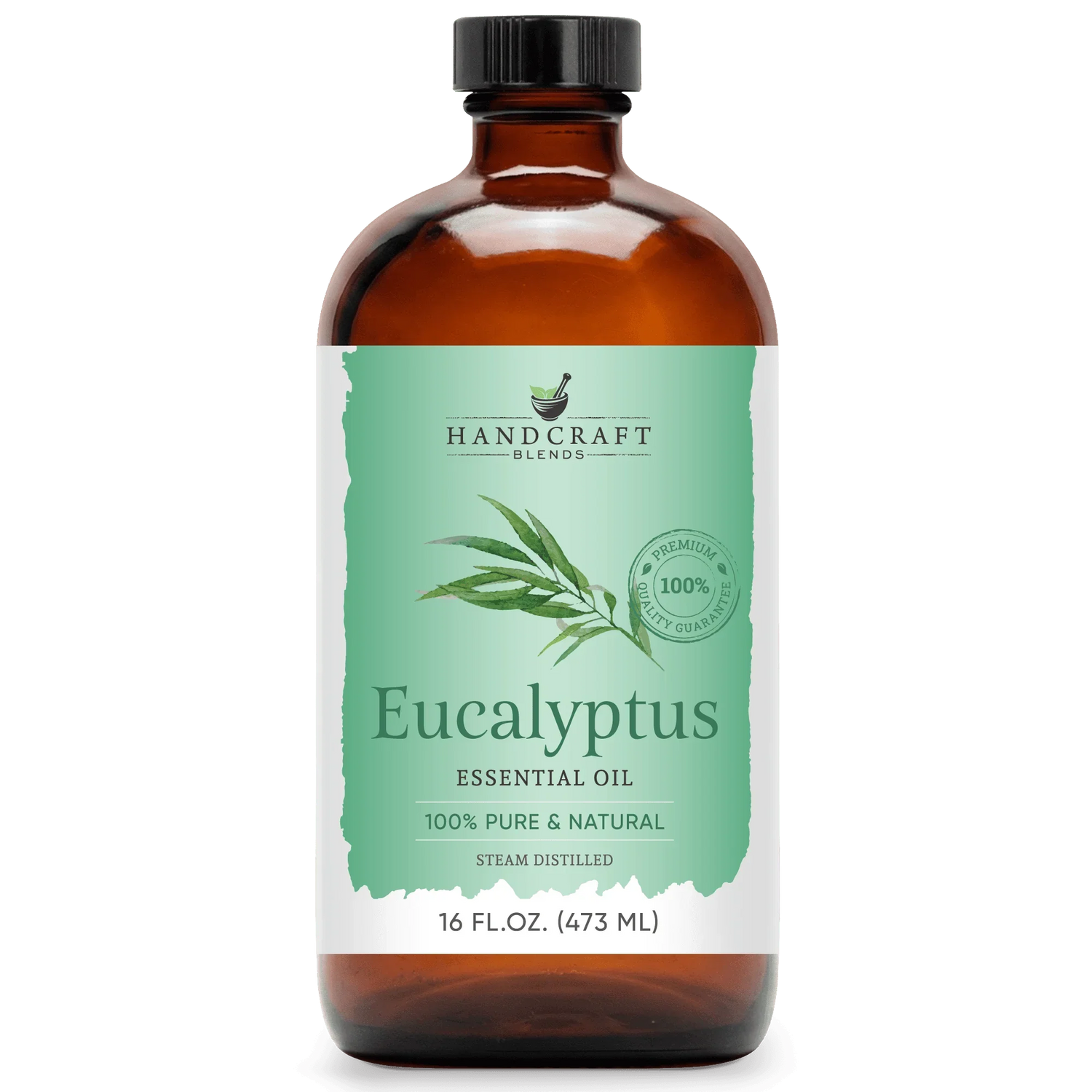 16 oz amber glass bottle of eucalyptus essential oil, labeled 100% pure and natural.