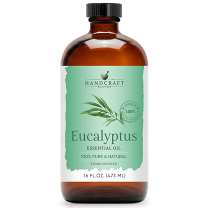 16 oz amber glass bottle of eucalyptus essential oil, labeled 100% pure and natural.