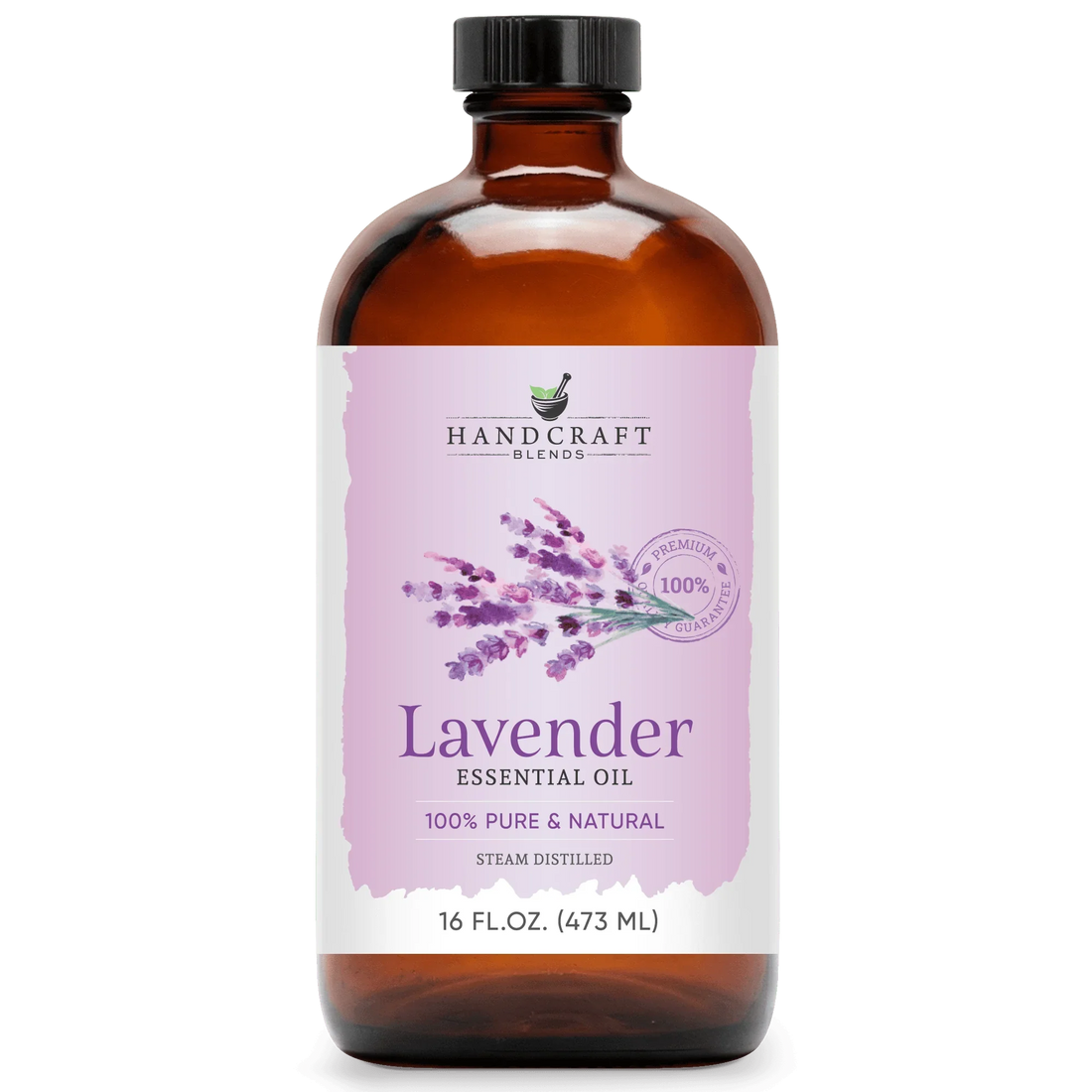 16 oz amber glass bottle of lavender essential oil with lavender illustration and label