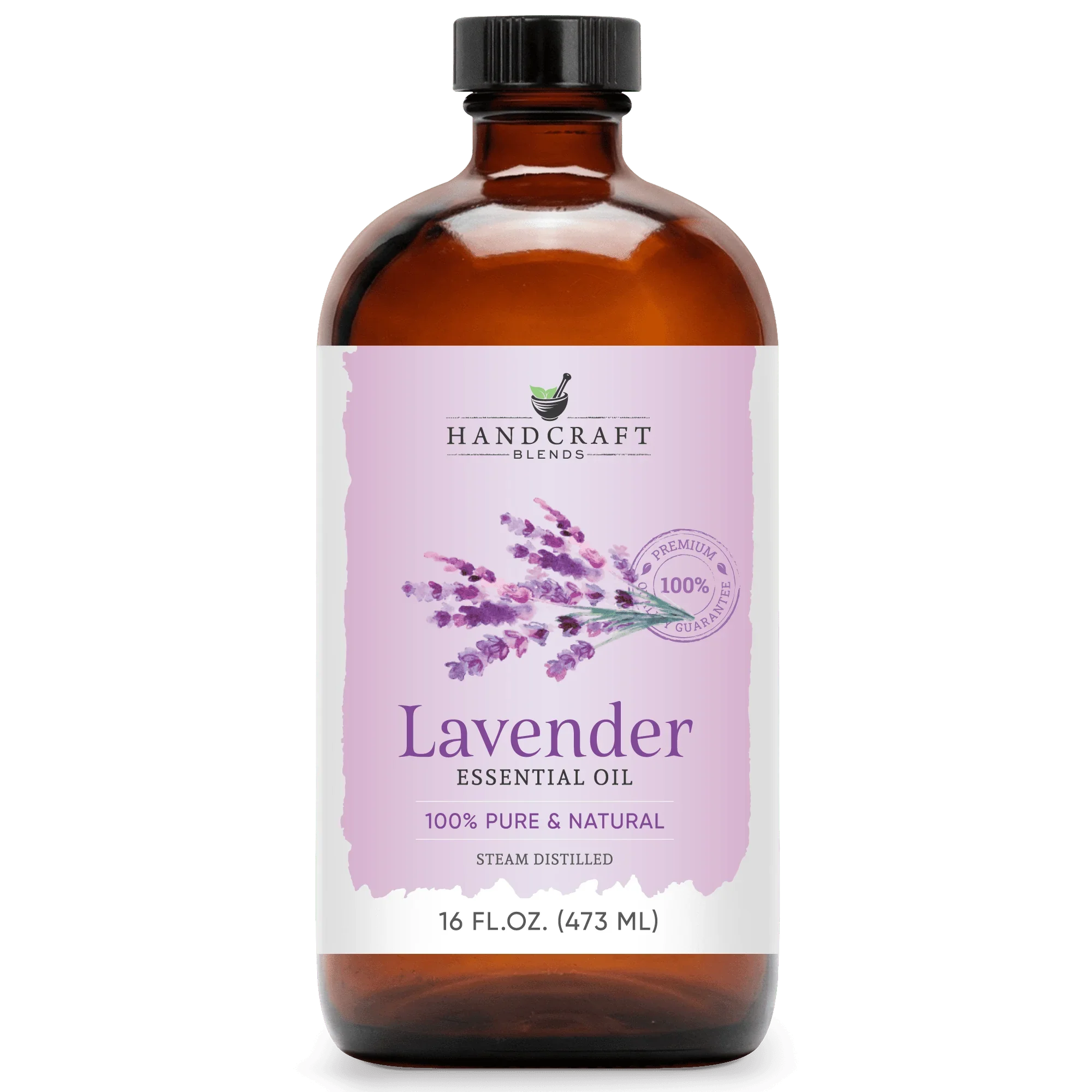 16 oz amber glass bottle of lavender essential oil with lavender illustration and label