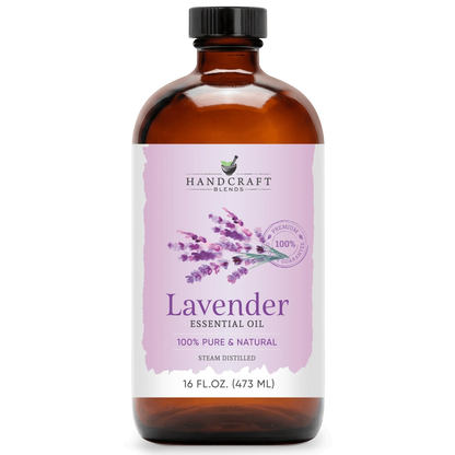 16 oz amber glass bottle of lavender essential oil with lavender illustration and label