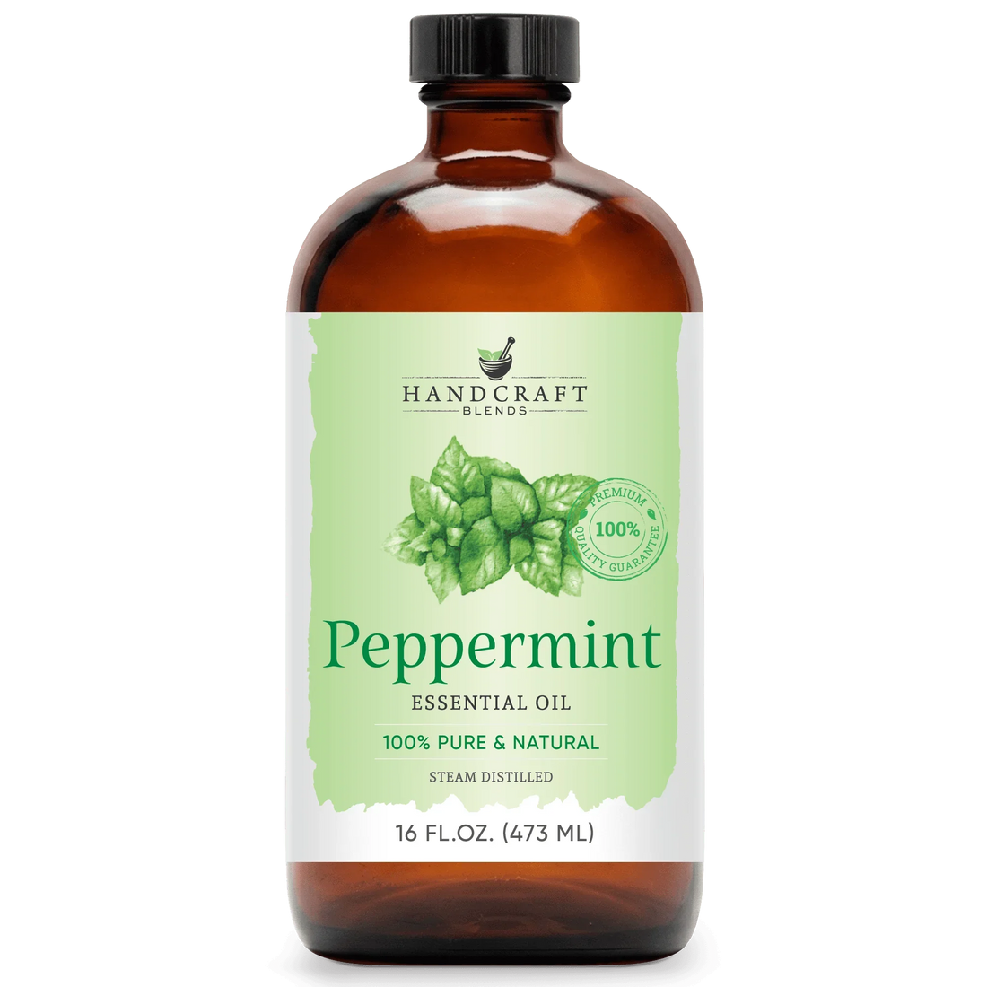 16 oz amber glass bottle of peppermint essential oil with green leaf label