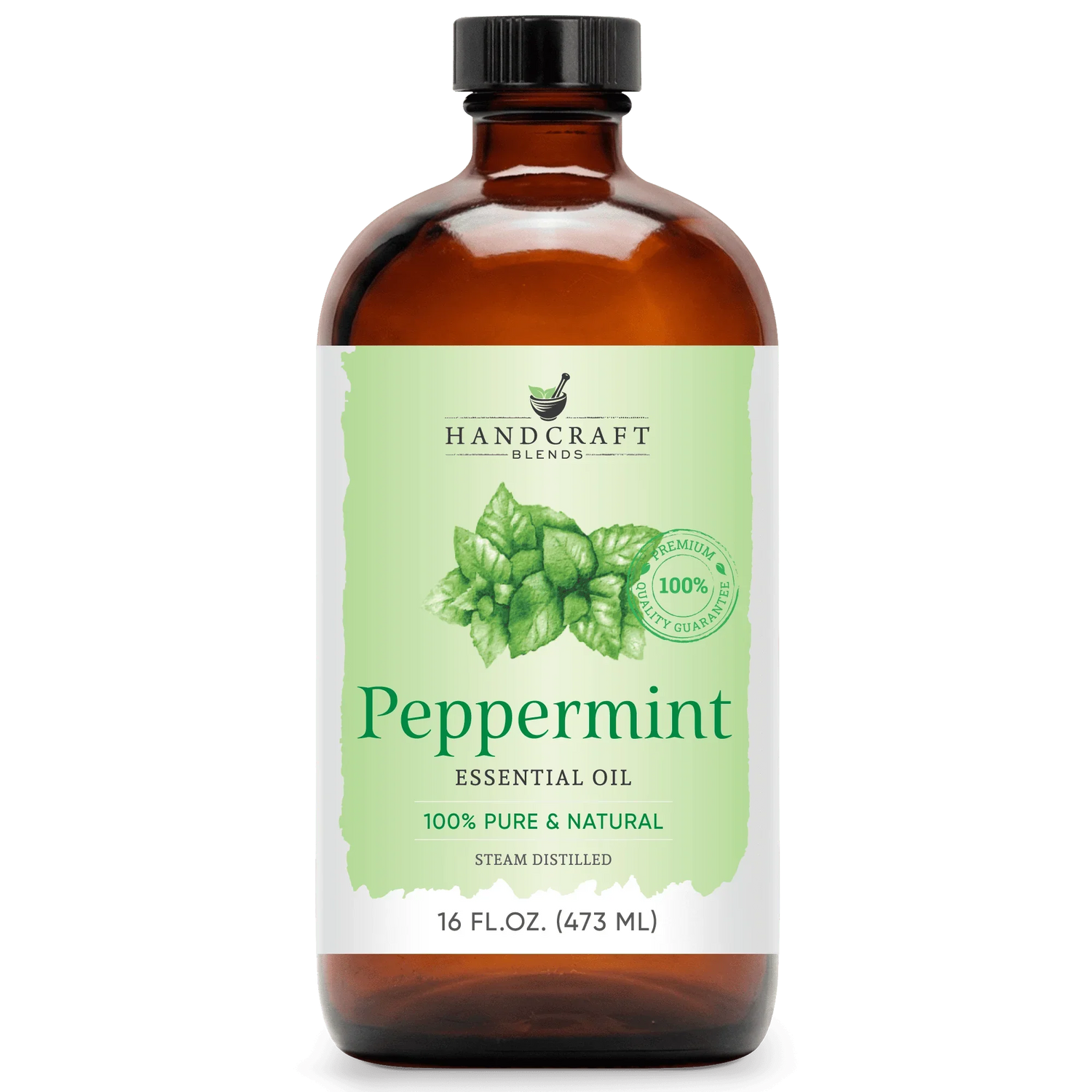 16 oz amber glass bottle of peppermint essential oil with green leaf label