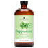 16 oz amber glass bottle of peppermint essential oil with green leaf label