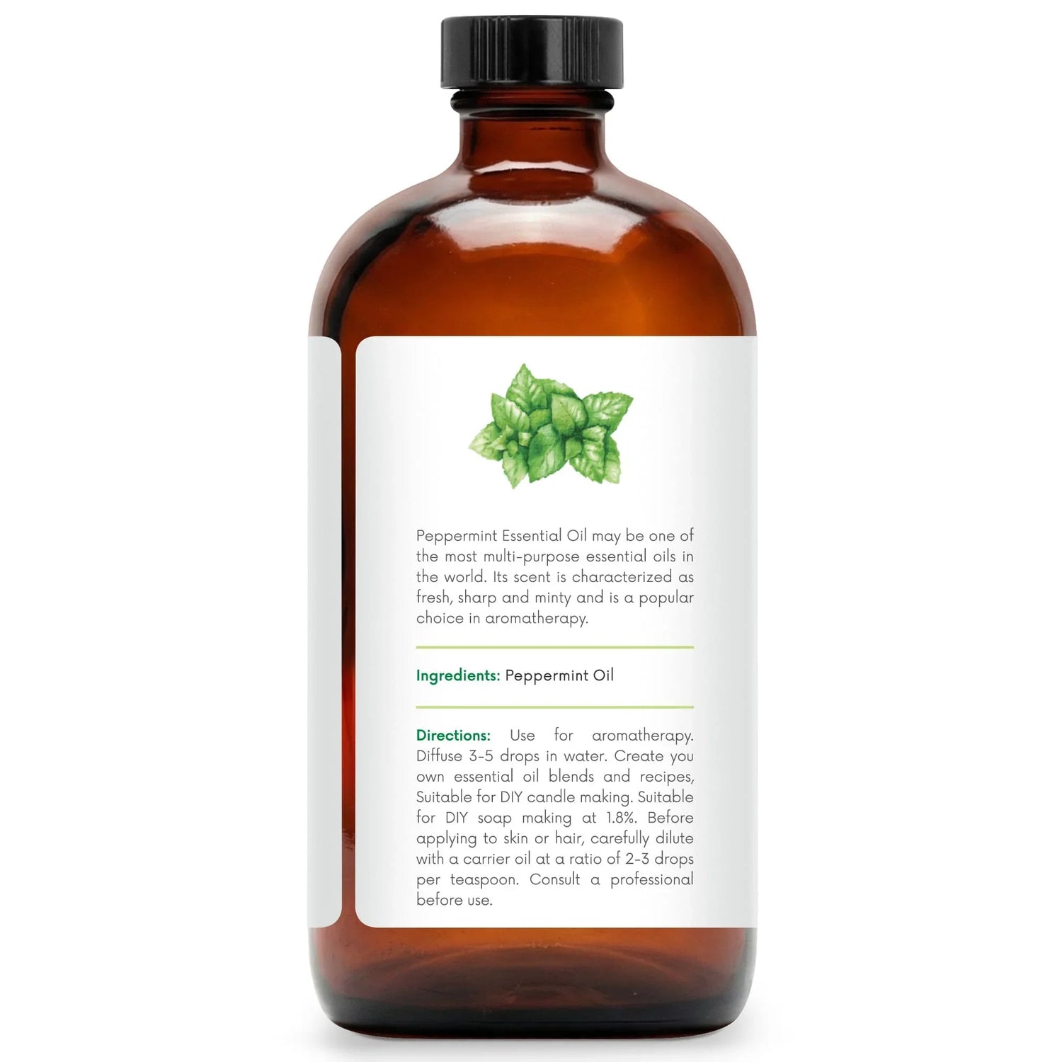 16 oz amber glass bottle of peppermint essential oil with mint leaf illustration and usage directions.