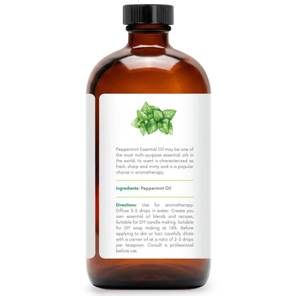 16 oz amber glass bottle of peppermint essential oil with mint leaf illustration and usage directions.