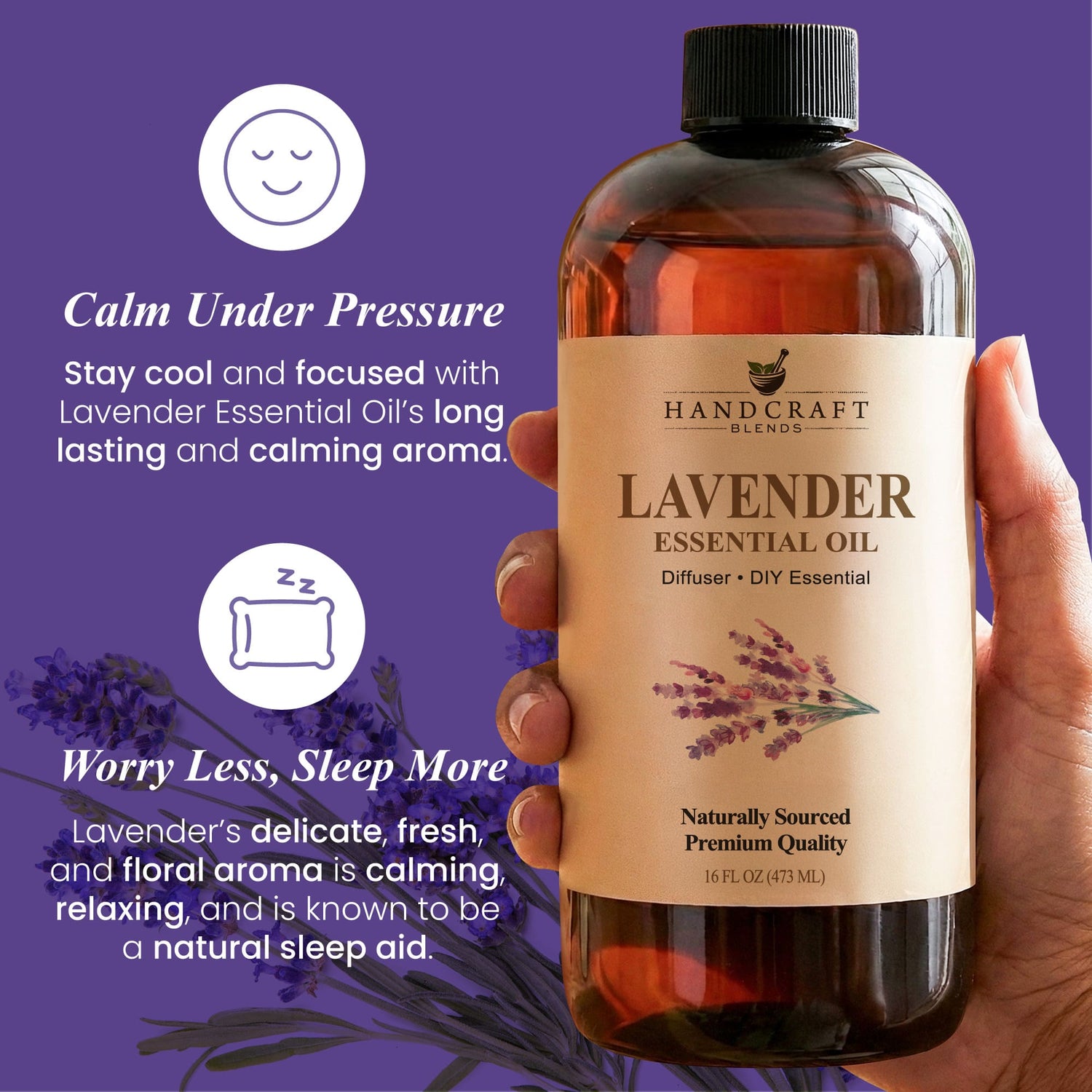 Hand holding a 16oz bottle of lavender essential oil with label, purple background, lavender flowers.