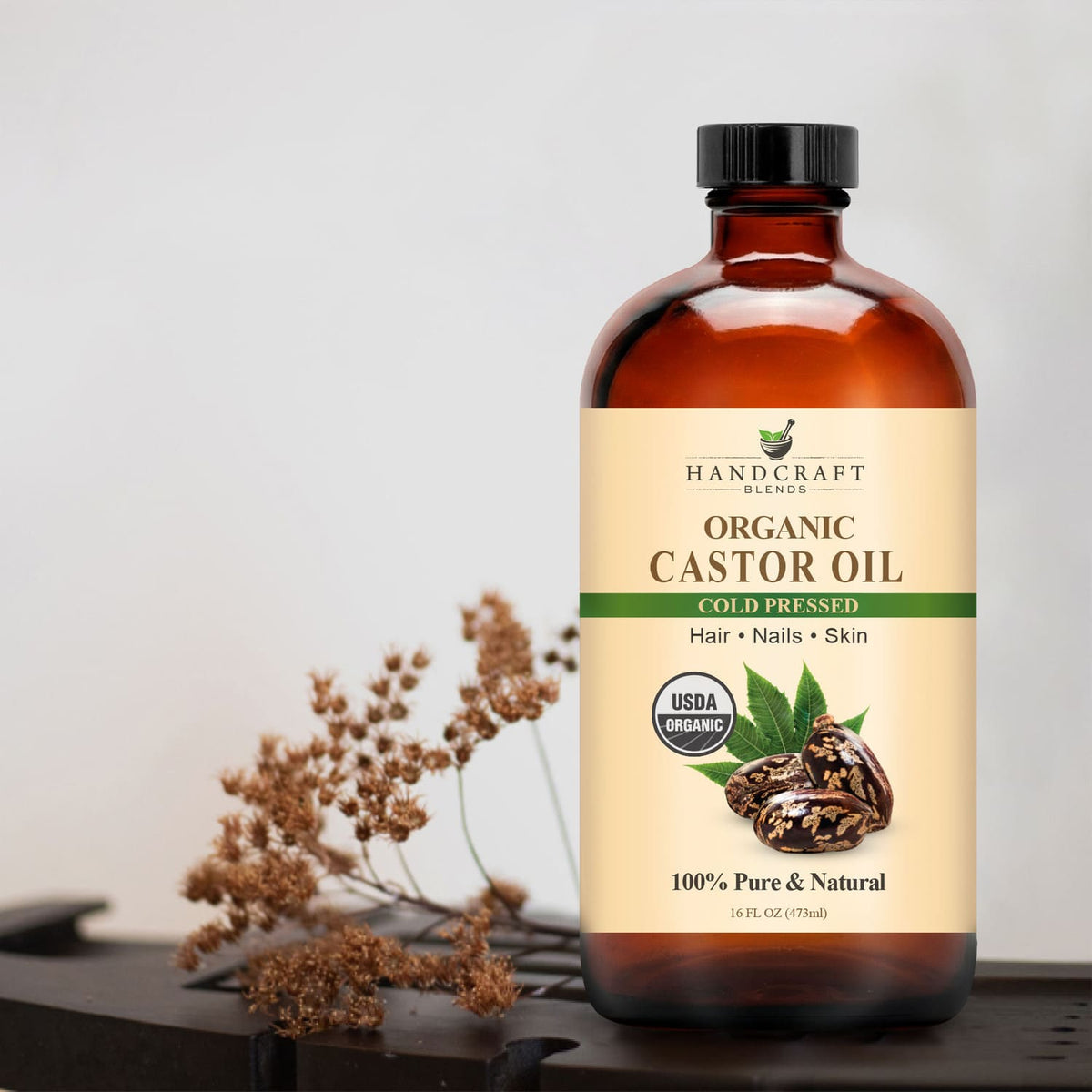Organic Castor Oil in Glass Bottle