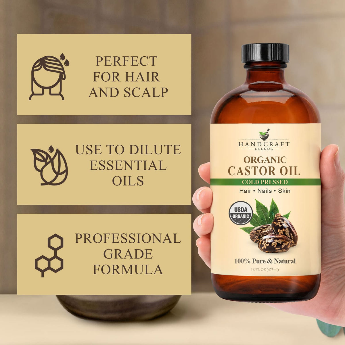 Organic Castor Oil in Glass Bottle