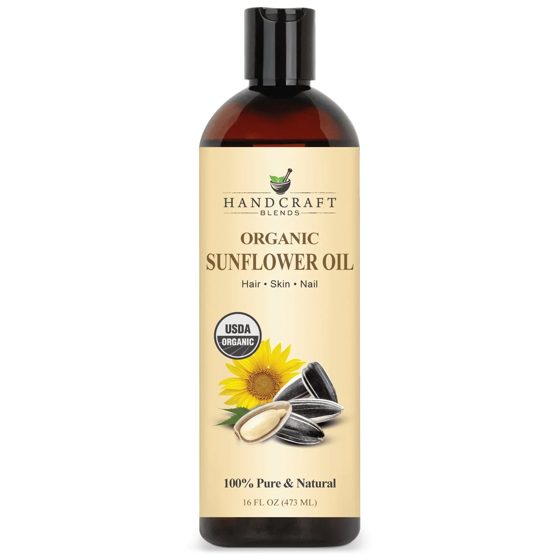 16oz bottle of organic sunflower oil for hair, skin, and nails with sunflower seeds image