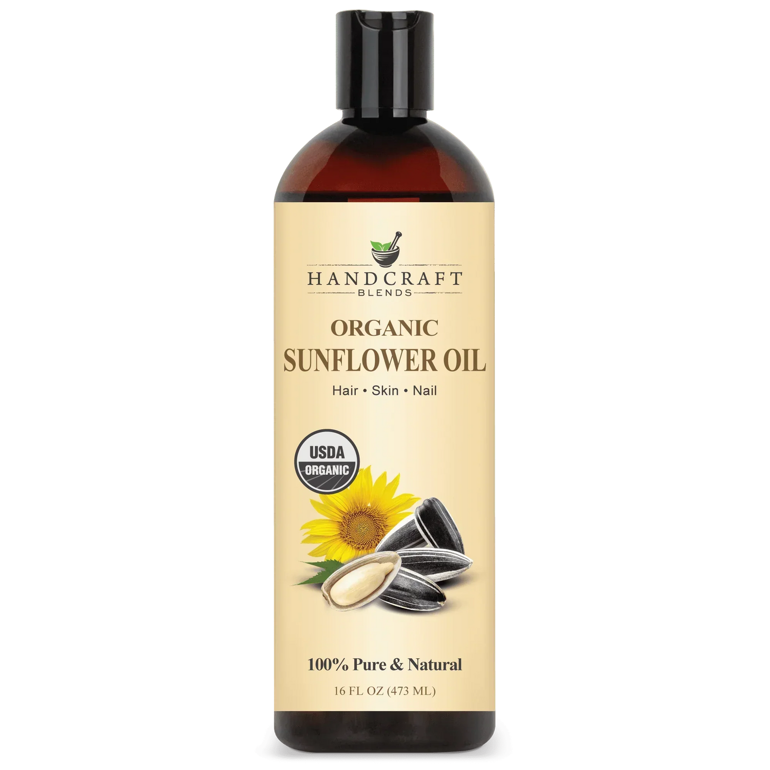 16oz bottle of organic sunflower oil for hair, skin, and nails with sunflower seeds image