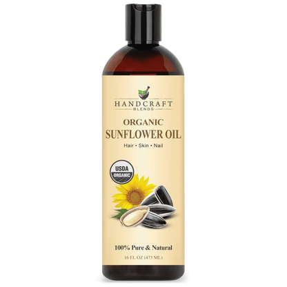 16oz bottle of organic sunflower oil for hair, skin, and nails with sunflower seeds image