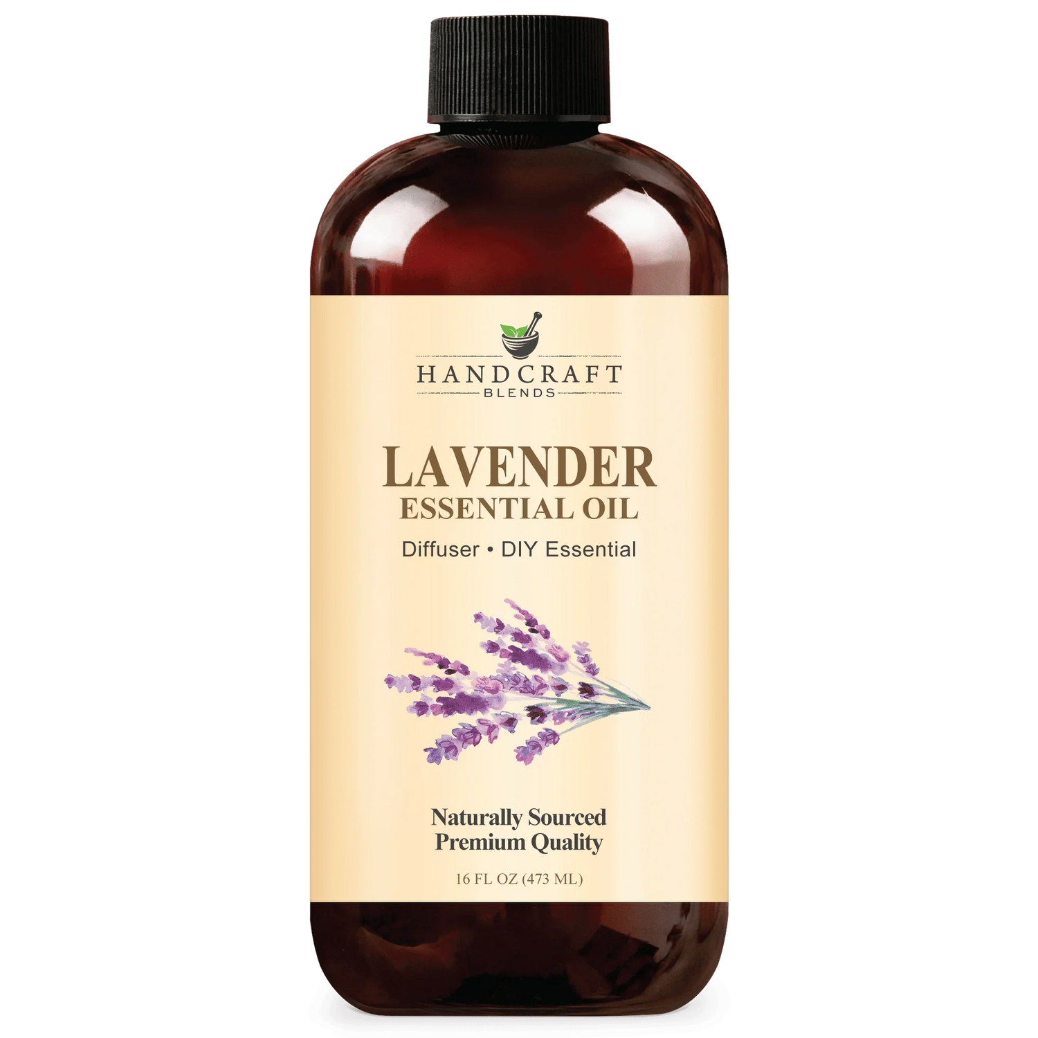 16oz amber bottle of lavender essential oil for aromatherapy and diffuser use