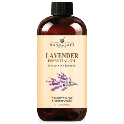 16oz amber bottle of lavender essential oil for aromatherapy and diffuser use