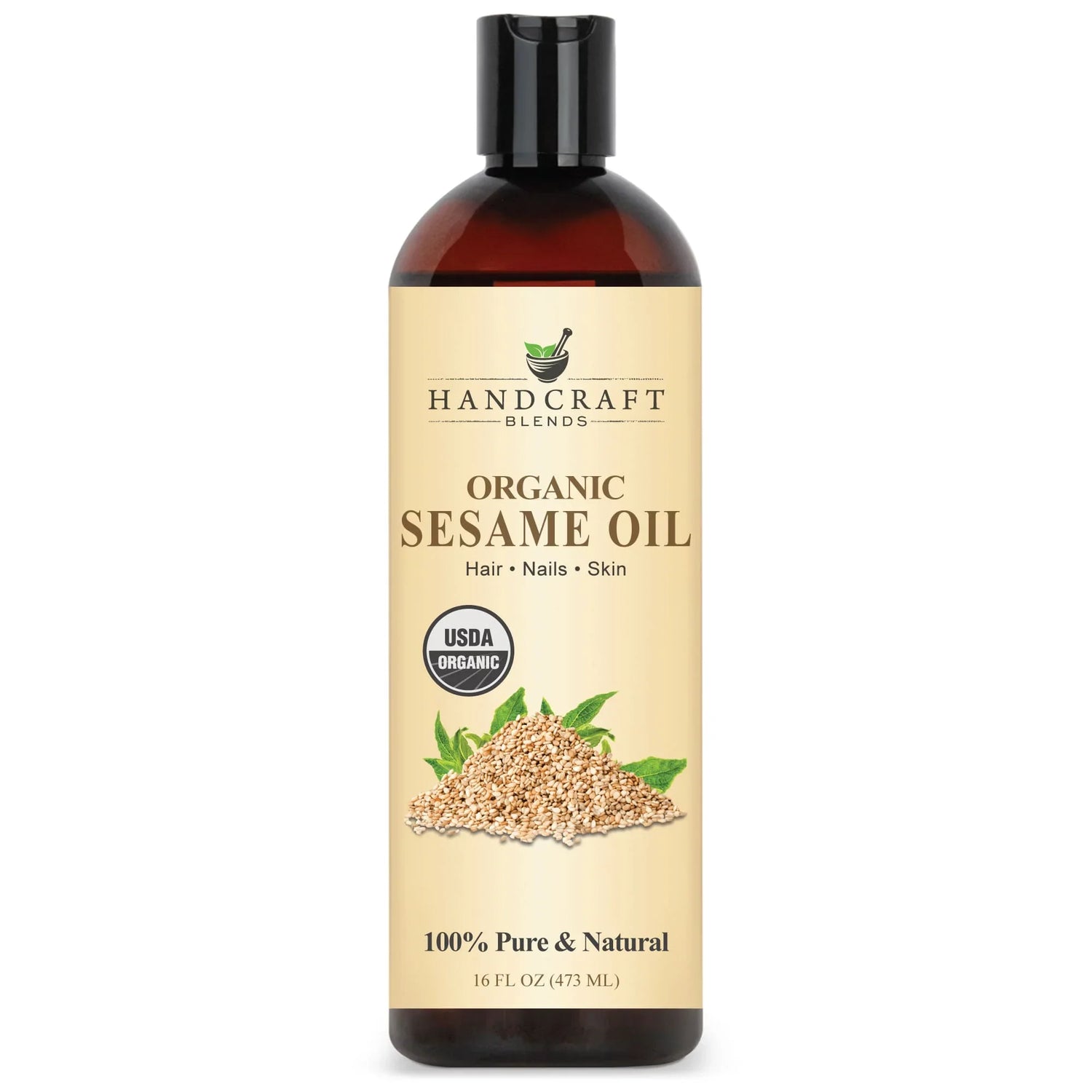 16oz bottle of organic sesame oil for hair, nails, skin, USDA organic, pure and natural.