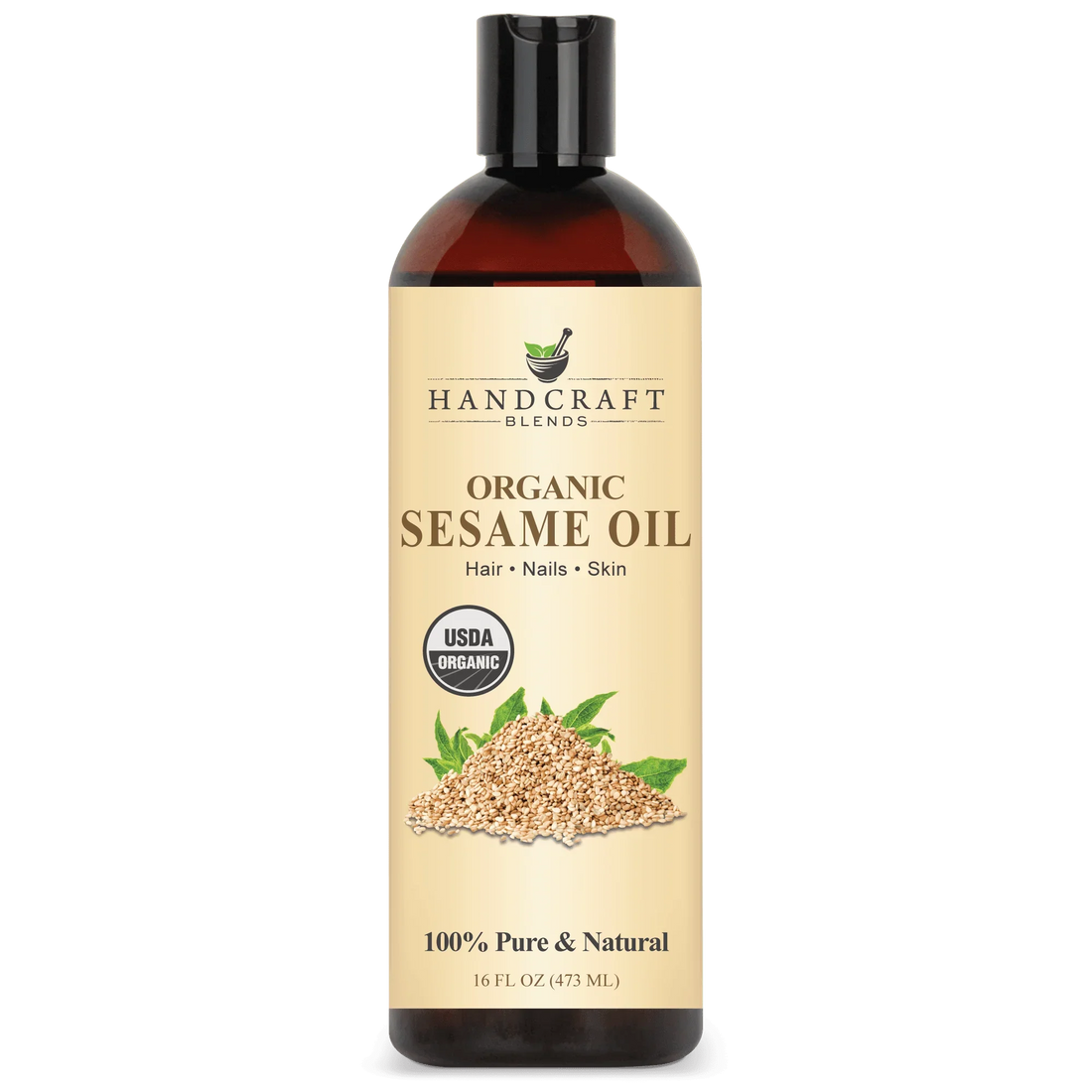 16oz bottle of organic sesame oil for hair, nails, and skin with USDA organic label