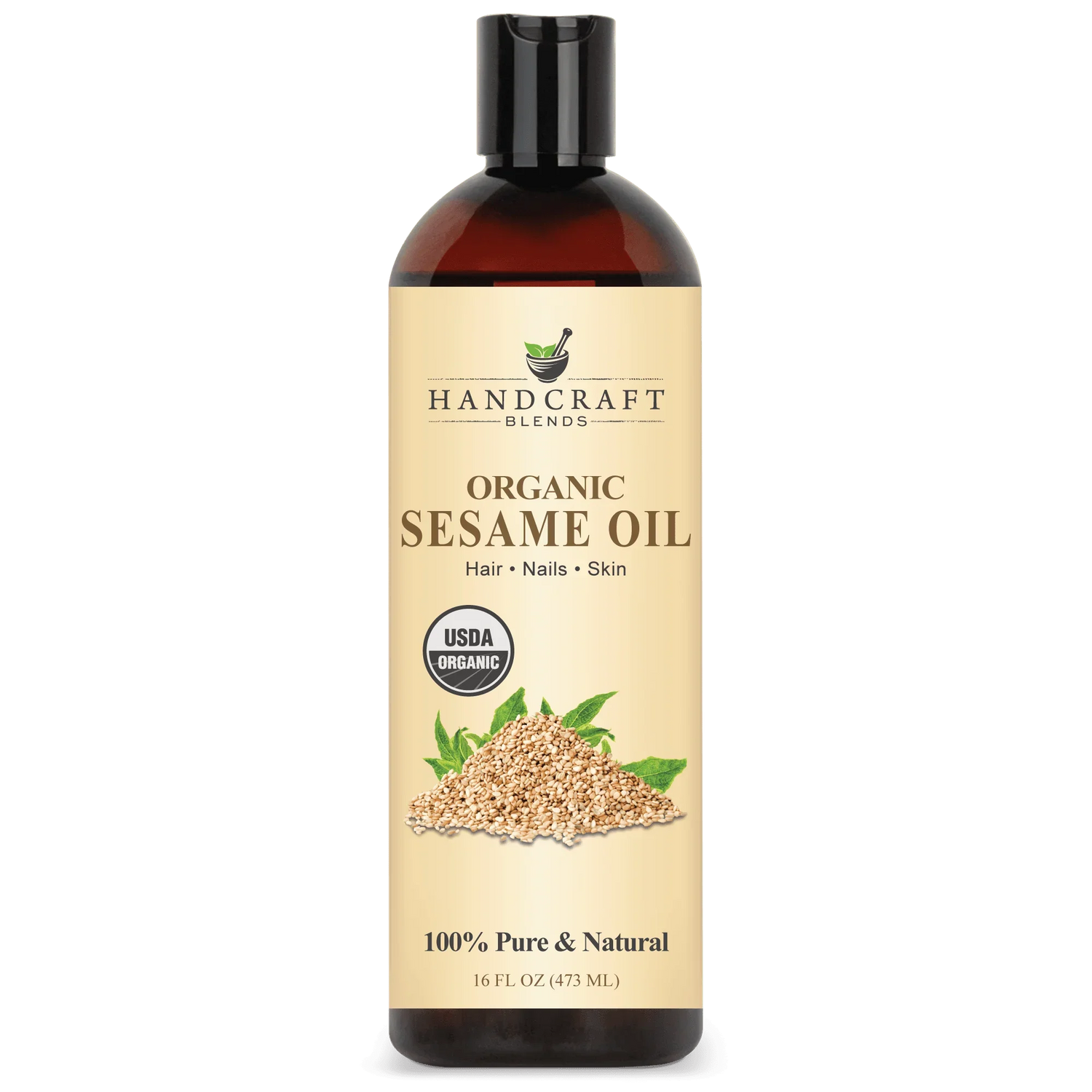 16oz bottle of organic sesame oil for hair, nails, and skin with USDA organic label