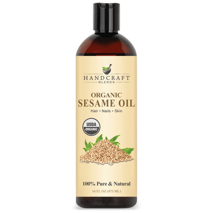 16oz bottle of organic sesame oil for hair, nails, and skin with USDA organic label