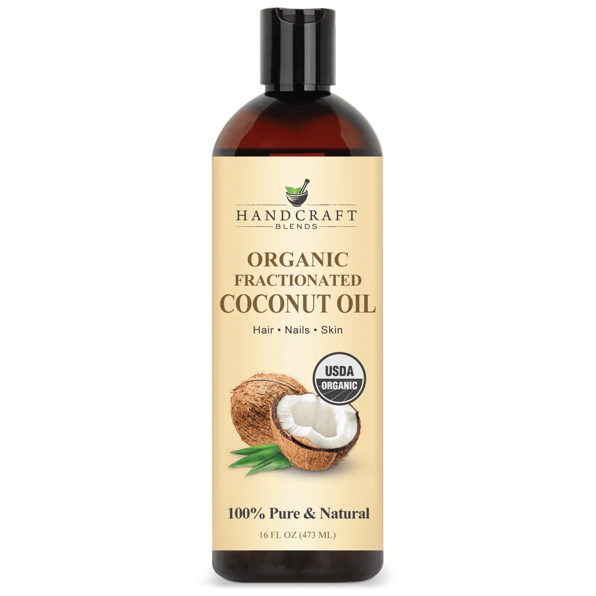 16oz bottle of organic fractionated coconut oil for hair, nails, and skin, USDA certified