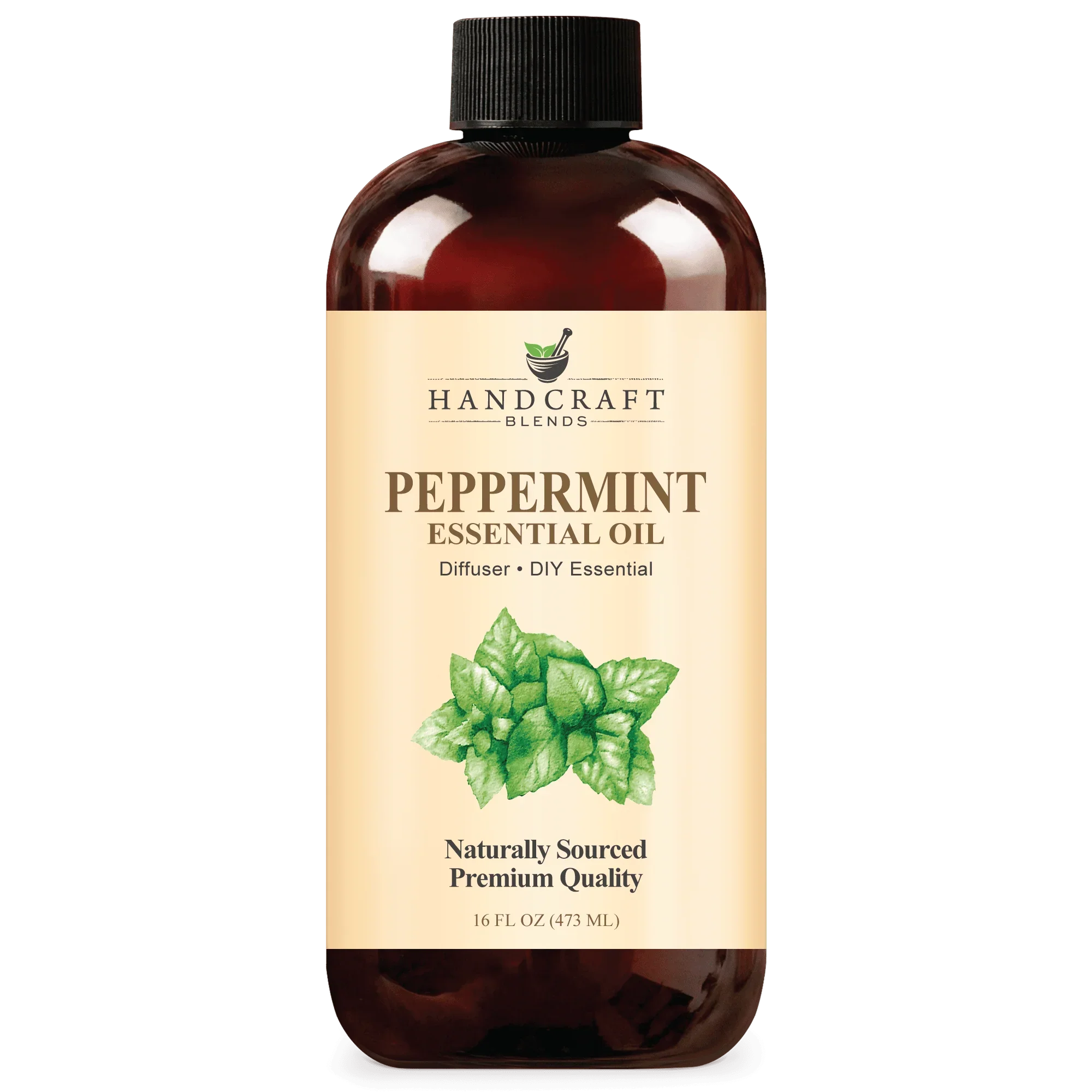 16oz bottle of peppermint essential oil for aromatherapy and DIY blends, labeled premium quality.