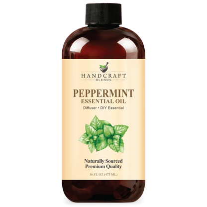 16oz bottle of peppermint essential oil for aromatherapy and DIY blends, labeled premium quality.
