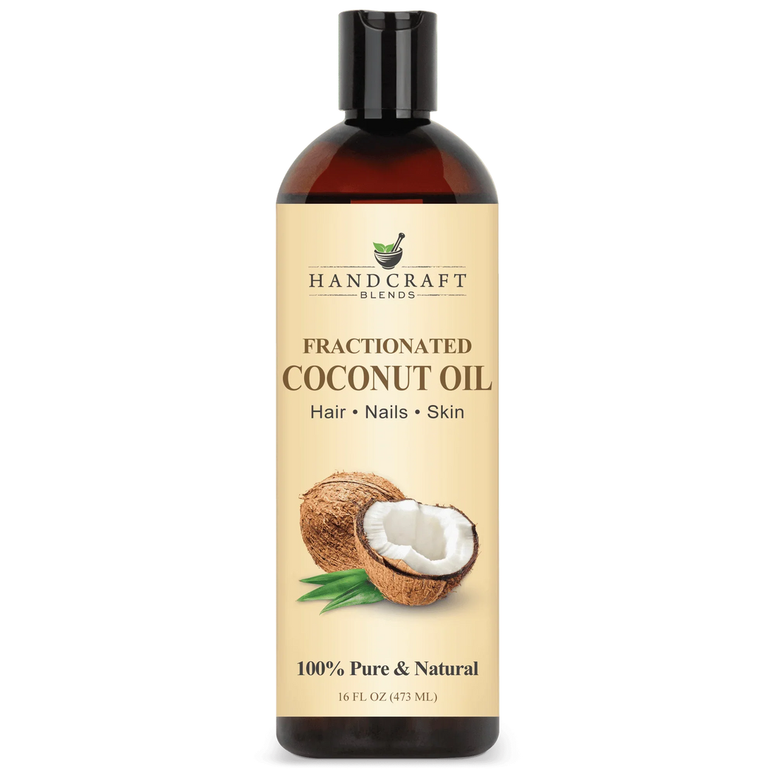 Handcraft Blends Fractionated Coconut Oil bottle with coconut image, 16oz, for hair, nails, skin