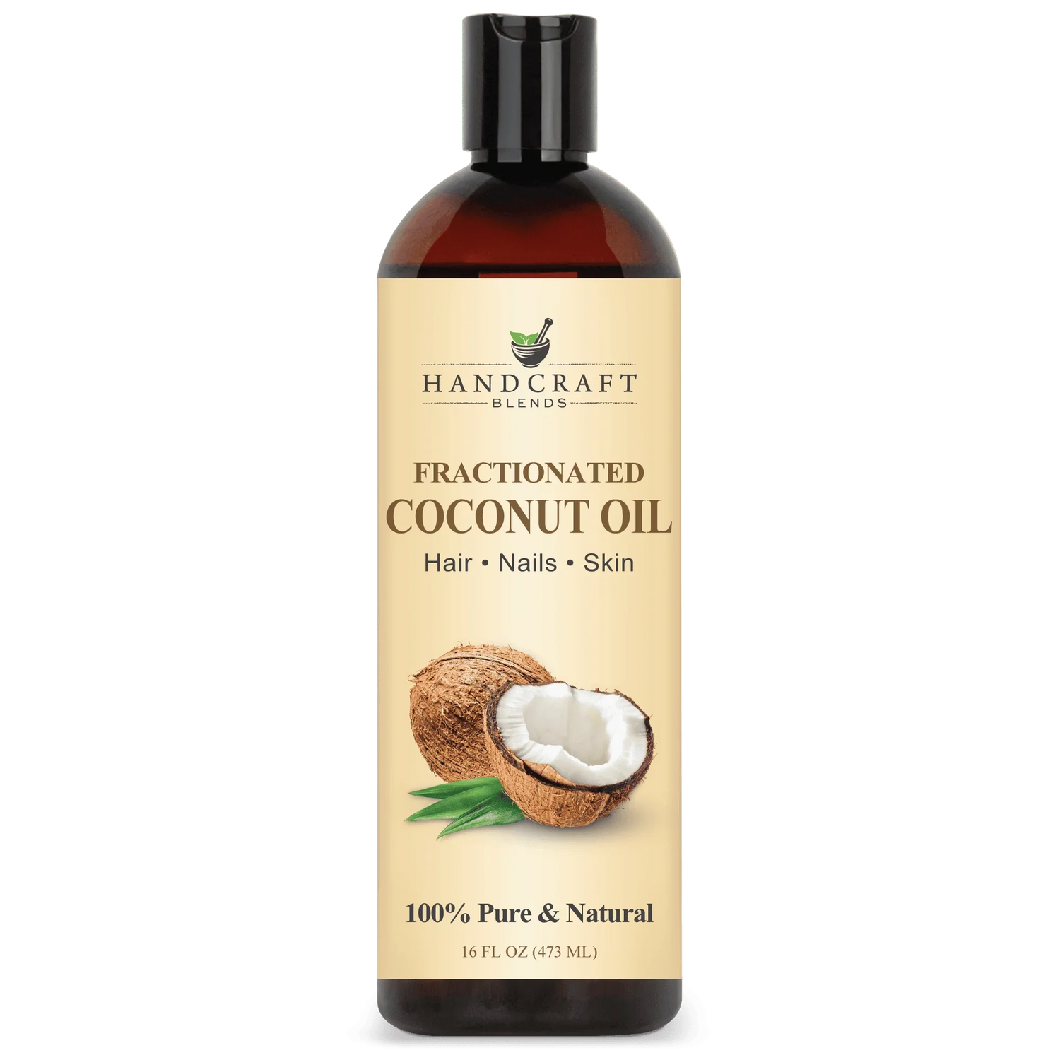 Handcraft Blends Fractionated Coconut Oil bottle with coconut image, 16oz, for hair, nails, skin
